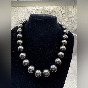 Black Iridescent Statement Bead Necklace w/ Gold Toggle Clasp